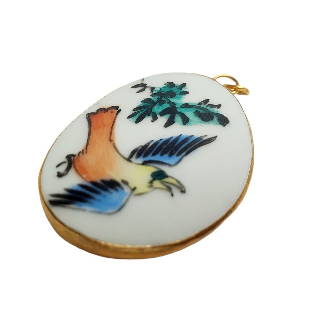 Vintage Hand Painted Porcelain Bird Pottery Shard Pendant Gold Tone Oval Jewelry